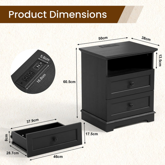 20" Modern Nightstand with Charging Outlets 2 Drawers Open Shelf Black
