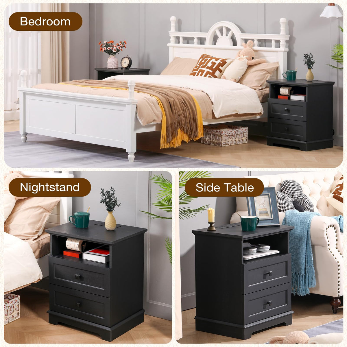 20" Modern Nightstand with Charging Outlets 2 Drawers Open Shelf Black