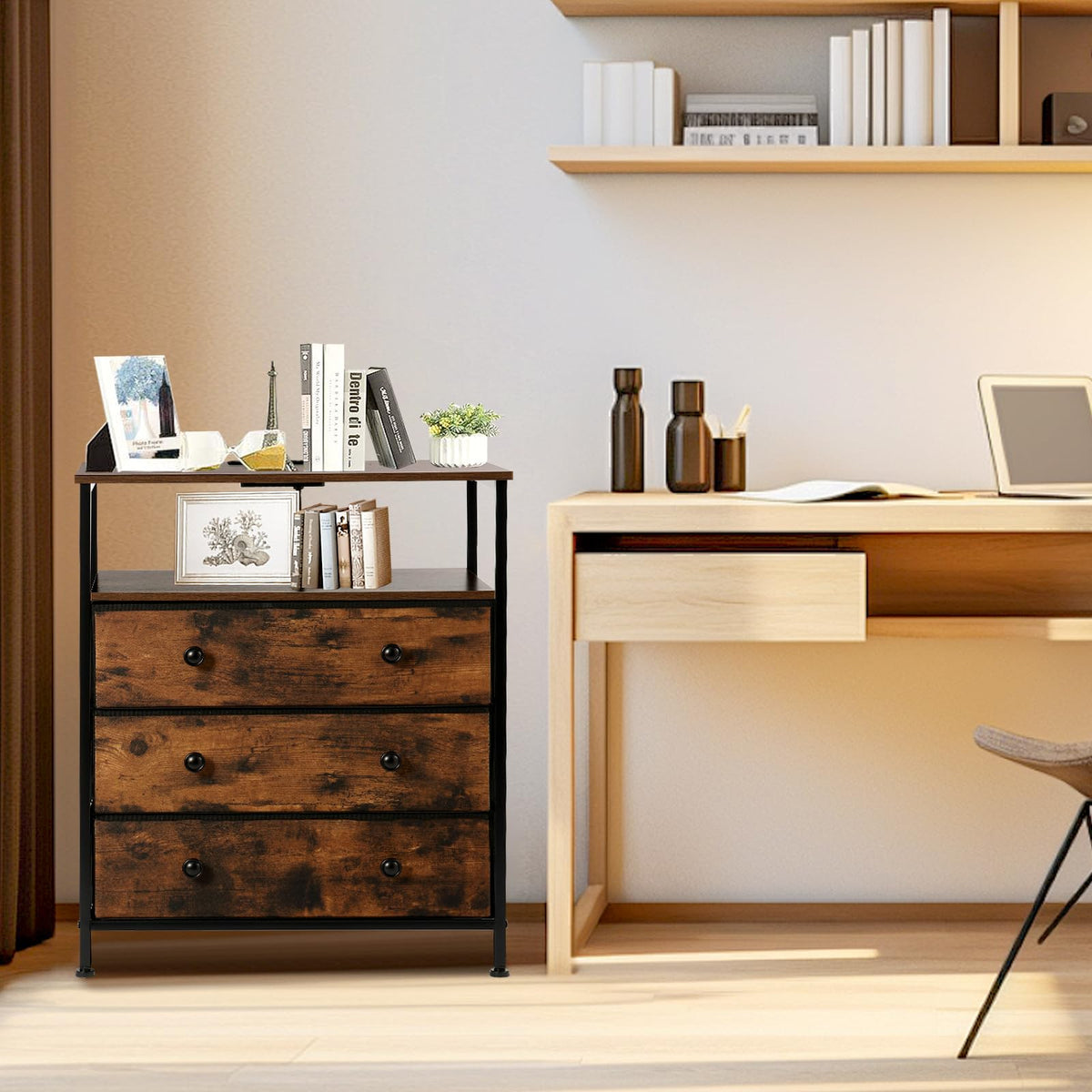 PATAVOT 3-Drawer LED Nightstand with Charging Station, Rustic Brown