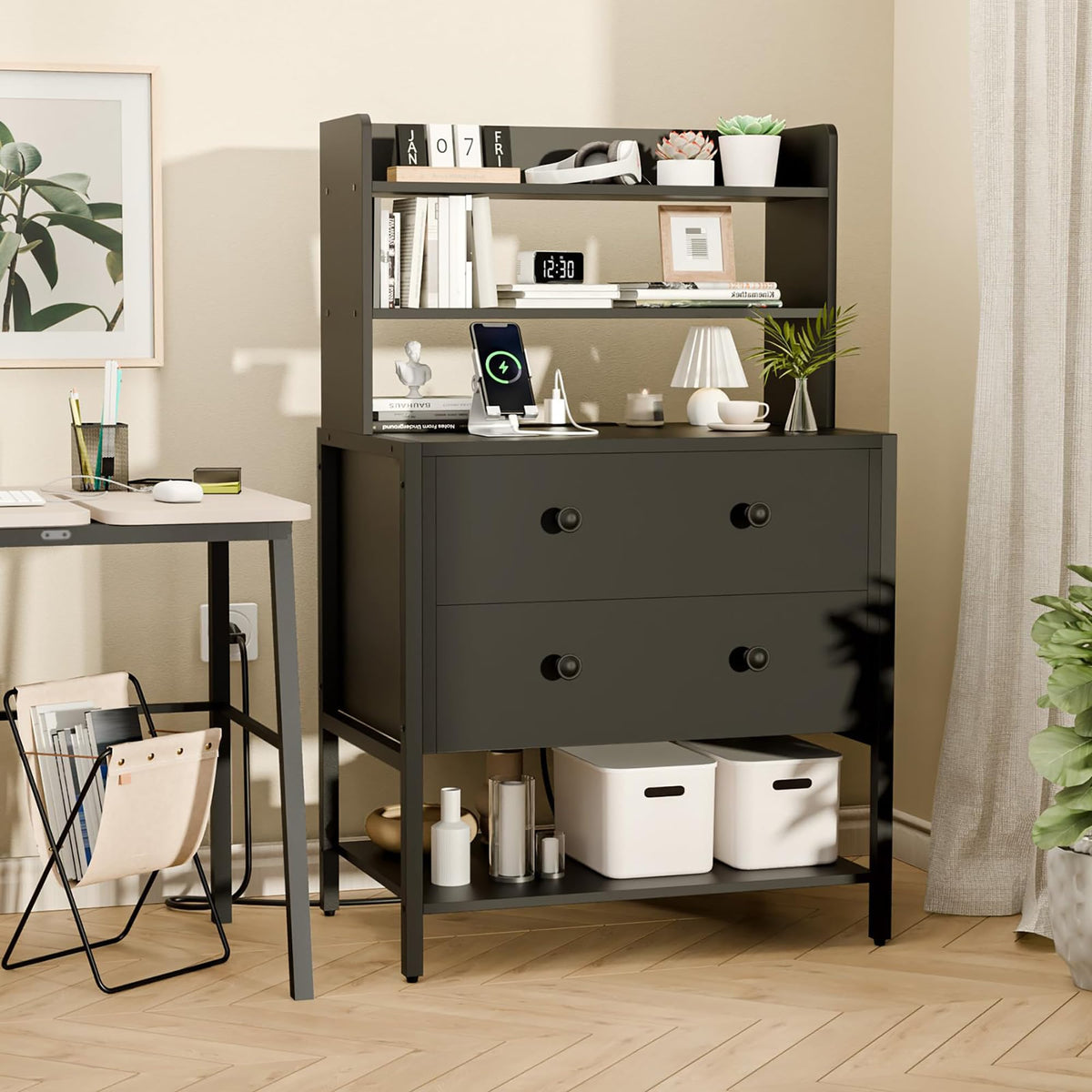 PATAVOT 39" Tall Nightstand with Charging Station & 2 Drawers, Black