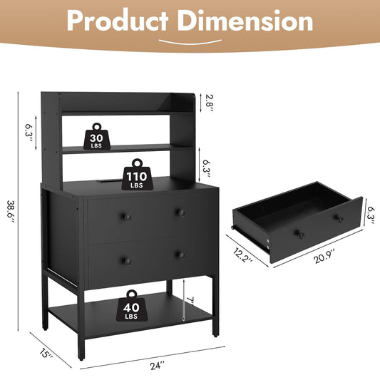 PATAVOT 39" Tall Nightstand with Charging Station & 2 Drawers, Black