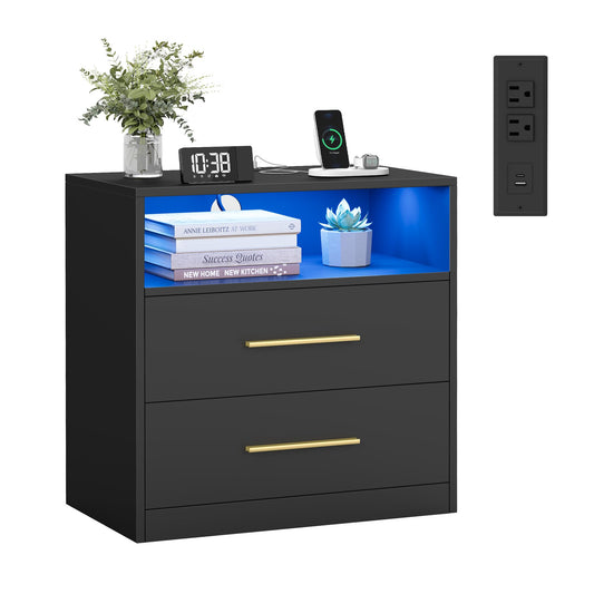 VASAGLE 23.6 Nightstands, LED Lights, Charging Station, 2 Drawers