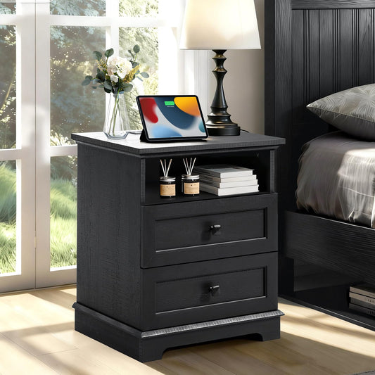 20" Modern Nightstand with Charging Outlets 2 Drawers Open Shelf Black