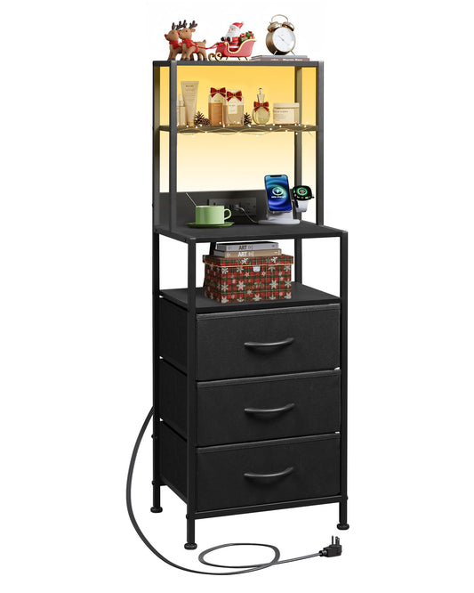 WLIVE Tall Nightstand with Charging Station, LED Night Stand with 3 Fabric Drawers and Storage Open Shelves, Bedroom Nightstand Table, Bed Side Table for Living Room, Black