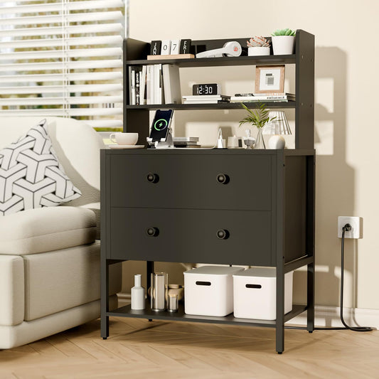 PATAVOT 39" Tall Nightstand with Charging Station & 2 Drawers, Black