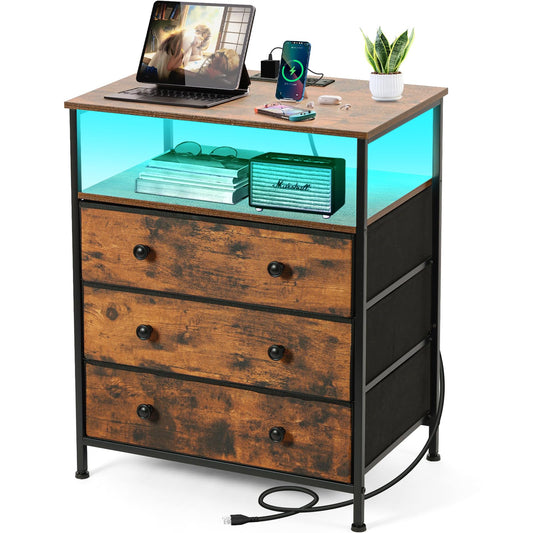 PATAVOT 3-Drawer LED Nightstand with Charging Station, Rustic Brown