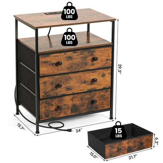 PATAVOT 3-Drawer LED Nightstand with Charging Station, Rustic Brown
